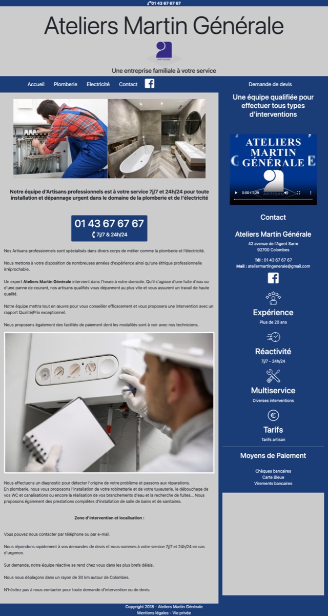 Capture d'écran de la page d'accueil actuelle d'ateliers-martin-generale.fr